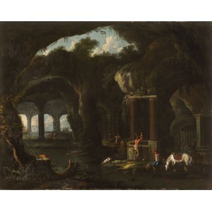 Flemish School, 17th/18th Century, Italian Landscape with Ruins and Riders at the fountain