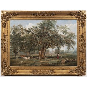 Romantic Painter of the early 19th Century, Peasant Woman with Cattle and Sheep in a Bucolic Landscape