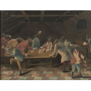19th Century Painter, Scene With Donkey Playng Cards