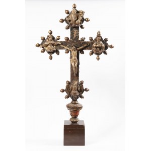 A Processional Cross Lacquered and Gilded Carved Wood Tuscany, 15th Century With Wooden Support.