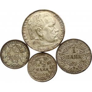 Germany 1/2 Mark - 5 Reichsmark (1905-1936) Lot of 4 Coins