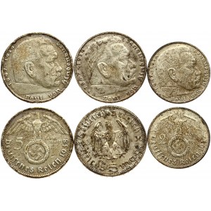Germany Third Reich 2 & 5 Reichsmark (1936-1938) Paul von Hindenburg Lot of 3 Coins