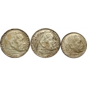 Germany Third Reich 2 & 5 Reichsmark (1936-1938) Paul von Hindenburg Lot of 3 Coins