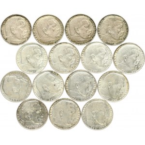Germany Third Reich 2 Reichsmark (1937-1939) Paul von Hindenburg Lot of 15 Coins