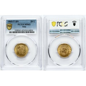 Italy 20 Lire 1865T BN PCGS MS 62