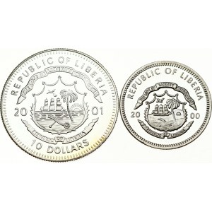 Liberia 5 Dollars 2000 & 10 Dollars 2001 Lot of 2 Coins