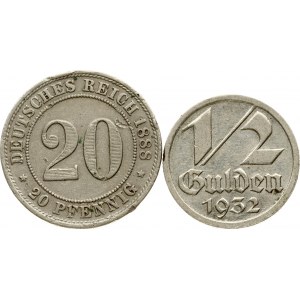 Poland Danzig 1/2 Gulden 1932 & Germany 20 Pfennig 1888A Lot of 2 Coins