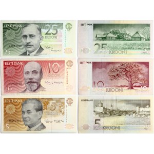 Estonia 5 - 10 Krooni 1991 & 25 Krooni 1991 S/N AB044400 Banknotes Lot of 3 Banknotes