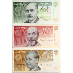 Estonia 5 - 10 Krooni 1991 & 25 Krooni 1991 S/N AB044400 Banknotes Lot of 3 Banknotes