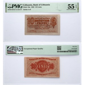 Lithuania 10 Centu 1922 O Banknote PMG 55 EPQ Rare condition