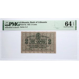 Lithuania 2 Centu 1922 Banknote - PMG 64 EPQ