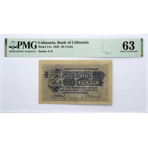 Lithuania 20 Centu 1922 G Banknote - PMG 63 Extremely Rare Condition