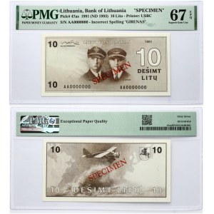 Lithuania 10 Litų 1991(ND 1993) Darius and Girėnas Banknote PAVYZDYS- SPECIMEN PMG 67 EPQ JUST 2 BANKNOTES HIGHER