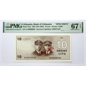 Lithuania 10 Litų 1991(ND 1993) Darius and Girėnas Banknote PAVYZDYS- SPECIMEN PMG 67 EPQ JUST 2 BANKNOTES HIGHER
