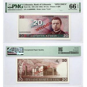 Lithuania 20 Litų 1991(ND 1993) Maironis Banknote PAVYZDYS- SPECIMEN PMG 66 EPQ JUST 4 BANKNOTES HIGHER