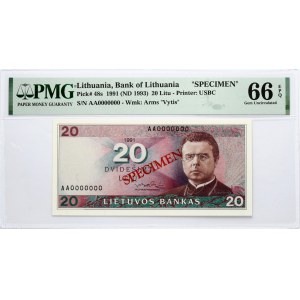 Lithuania 20 Litų 1991(ND 1993) Maironis Banknote PAVYZDYS- SPECIMEN PMG 66 EPQ JUST 4 BANKNOTES HIGHER