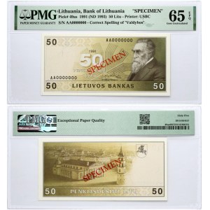 Lithuania 50 Litų 1991 (ND 1993) Basanavičius Banknote PAVYZDYS- SPECIMEN PMG 65 EPQ VERY RARE