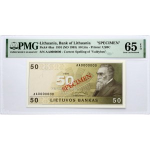 Lithuania 50 Litų 1991 (ND 1993) Basanavičius Banknote PAVYZDYS- SPECIMEN PMG 65 EPQ VERY RARE