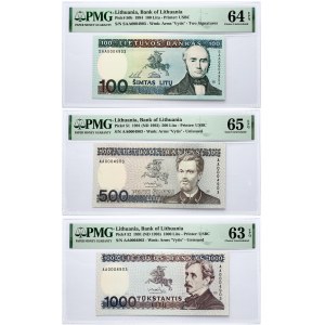 Lithuania 100 & 500 & 1000 Litų (1991-1994) Banknotes SET PMG 63 PMG 64 PMG 65 Lot of 3 Banknotes
