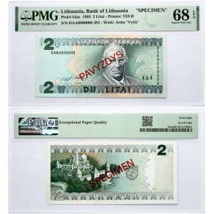 Lithuania 2 Litai 1993 Motiejus Valančius Banknote PAVYZDYS- SPECIMEN PMG 68 EPQ Just this one TOP POP