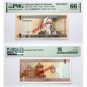 Lithuania 1 Litas 1994 Žemaitė Banknote PAVYZDYS- SPECIMEN PMG 66 EPQ TOP POP