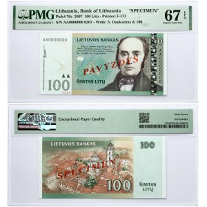 Lithuania 100 Litų 2007 Daukantas Banknote PAVYZDYS- SPECIMEN PMG 67 EPQ JUST 1 BANKNOTE HIGHER