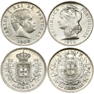 Portugal 500 Reis 1908 & 50 Centavos 1916 Lot of 2 Coins