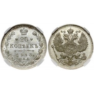 Russia 20 Kopecks 1913 СПБ-ВС NGC MS 66
