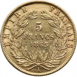 France, Napoleon III, 5 Francs 1863 A, Paris