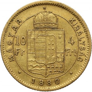 Hungary, Franz Josef I, 4 Forints = 10 Francs 1880 KB, Kremnitz