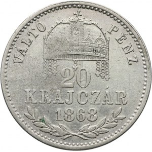 Hungary, Franz Josef I, 20 Krajczar 1868 KB Valto Penz, Kremnitz