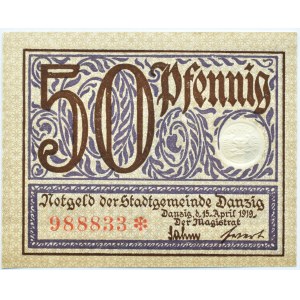 Wolne Miasto Gdańsk, 50 fenigów (pfennig) 1919, UNC