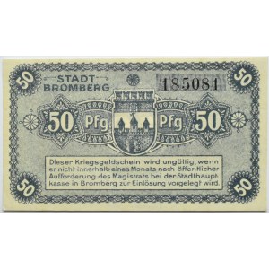 Bromberg/Bydgoszcz, 50 Pfg. 1919, Nummer 185081, UNC, dunkelblau