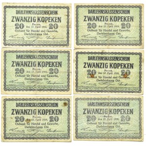 Polsko/Německo, Poznaň, šest kusů po 20 kopějkách 1916 OST, bez sériového listu