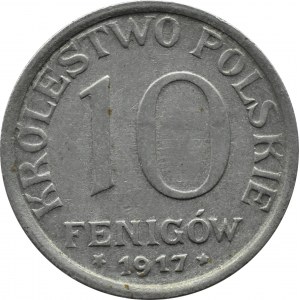 Polské království, 10 fenig 1917, Stuttgart, nápis při okraji