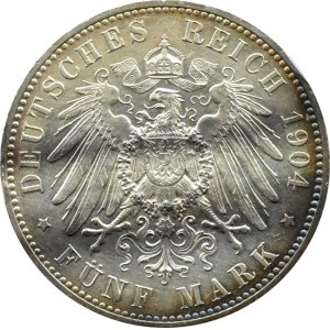 Německo, Meklenbursko-Schwerin, 5 značek 1904 A, Berlín, Zlaté jubileum