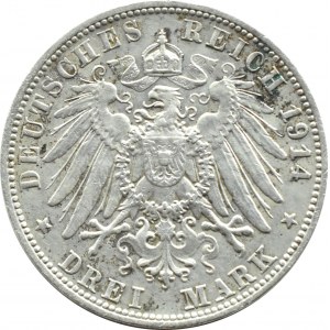 Německo, Württemberg, Wilhelm II, 3 značky 1914 F, Stuttgart