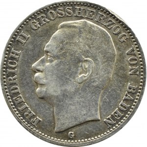 Německo, Bádensko, Frederick II, 3 marky 1909 G, Karlsruhe