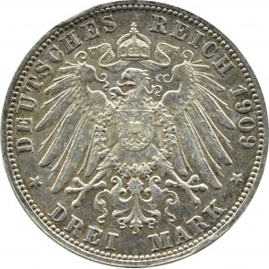 Německo, Bádensko, Frederick II, 3 marky 1909 G, Karlsruhe