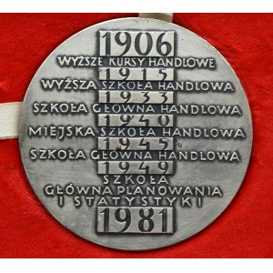 Polsko, medaile rektora Střední školy plánování a statistiky, krabička a věnování, postříbřený bronz