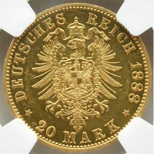 Německo, Prusko, Wilhelm II, 20 marek 1888 A, Berlín, proof, NGC PF61