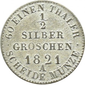 Niemcy, Prusy, Fryderyk Wilhelm III, 1/2 srebrnego grosza 1821 A, Berlin