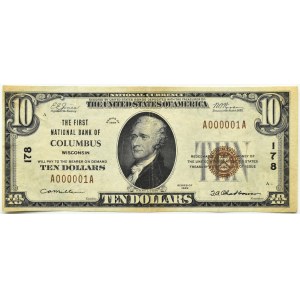 USA, The First National Bank of Columbus, $10 1929, number A000001A - RARITAS