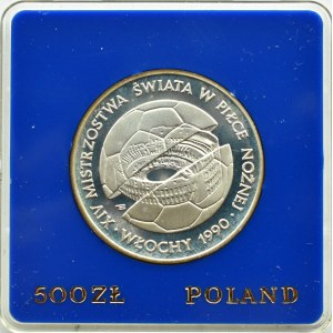 Polsko, PRL, 500 zlotých 1988, Mistrovství světa ve fotbale Itálie 1990, Varšava, UNC