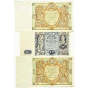 Poland, Second Republic, flight of three banknotes, 20-50 zloty 1929-1936, Warsaw