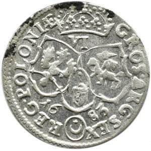Jan III Sobieski, šestipence 1683 TLB, Bydgoszcz, erb Leliwa, 14 korunovaných klenotů