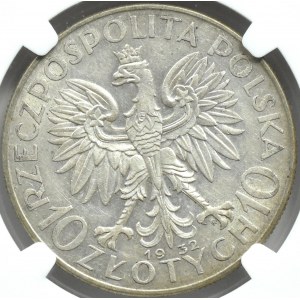 Polsko, Druhá republika, hlava ženy, 10 zlotých 1932, Varšava, NGC AU58