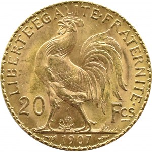 France, Republic, Rooster, 20 francs 1907, Paris, UNC
