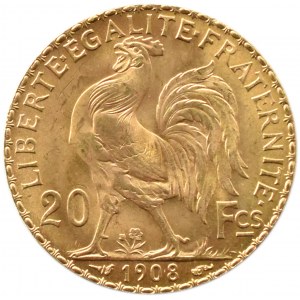 Francie, Republika, Kohout, 20 franků 1908, Paříž, UNC