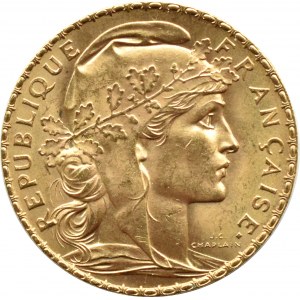 Francie, Republika, Kohout, 20 franků 1909, Paříž, UNC